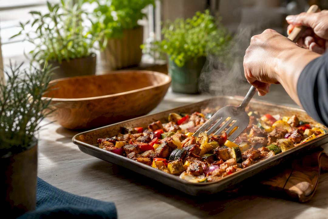 Sheet-pan dinner cooking on rustic counter