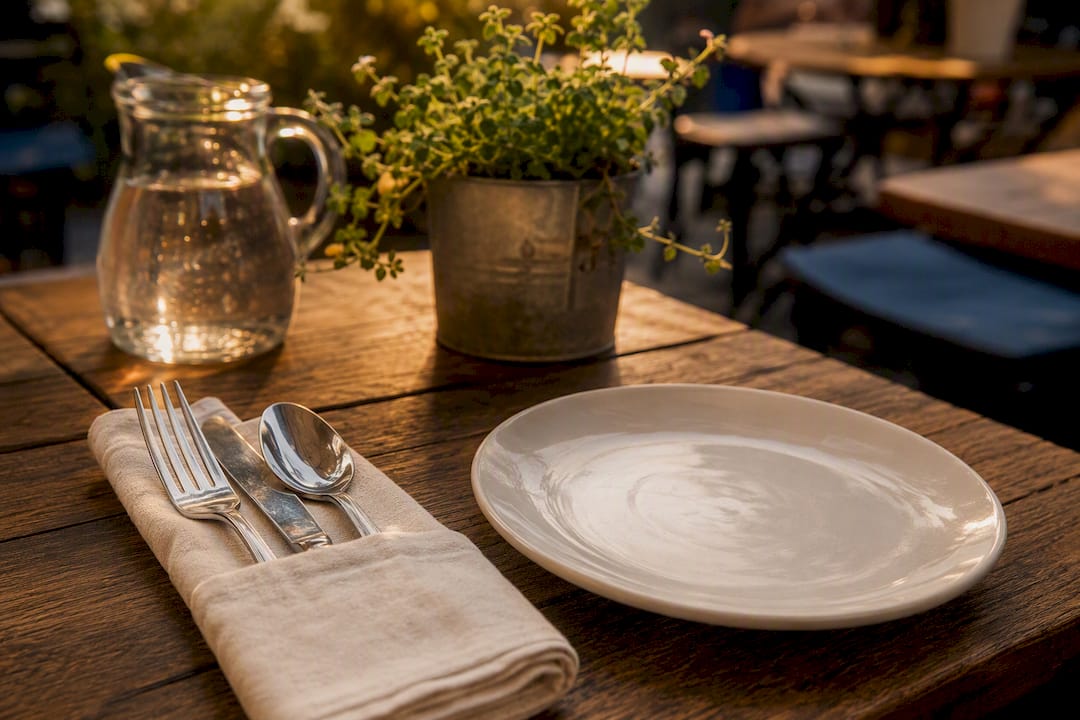 Rolled silverware inside folded napkin on table
