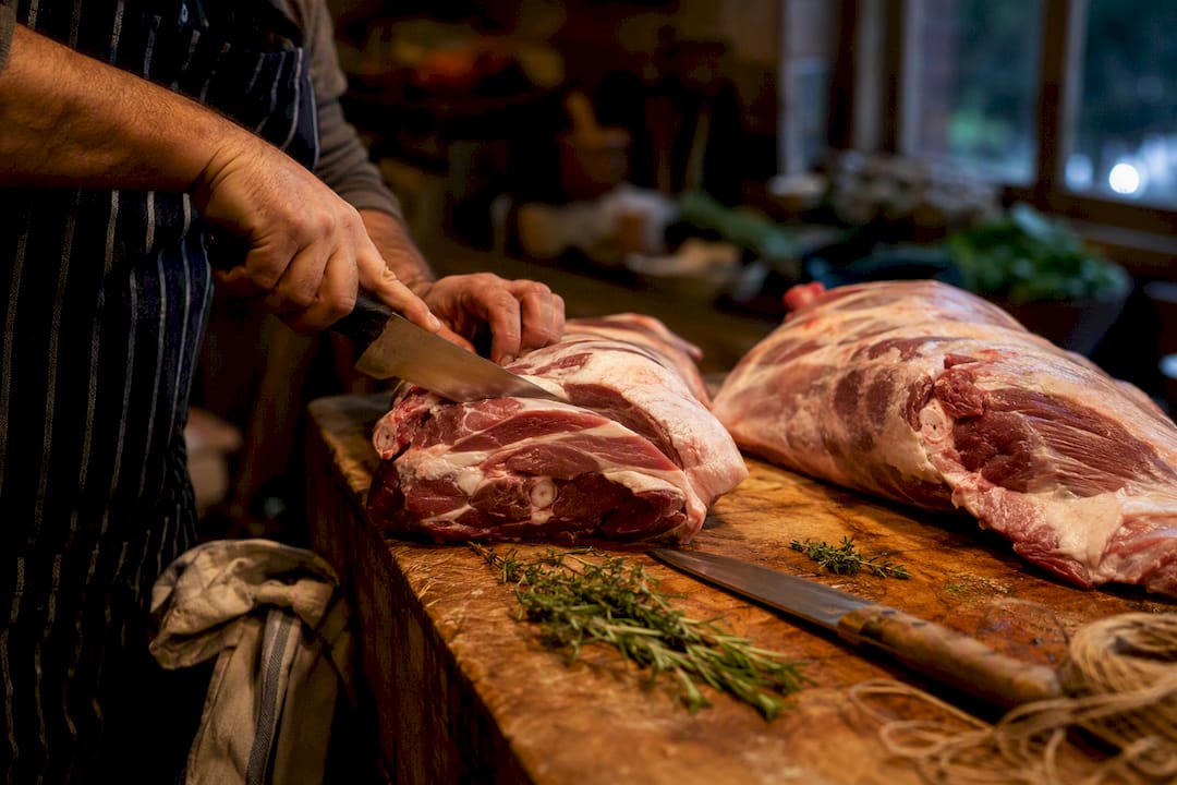 Butcher cutting fresh raw lamb on block