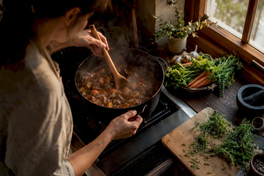 Home cook stirring braising pot