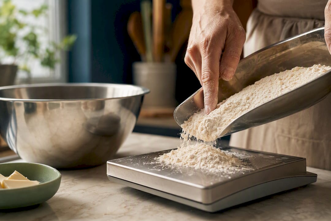Hands weighing flour for baking
