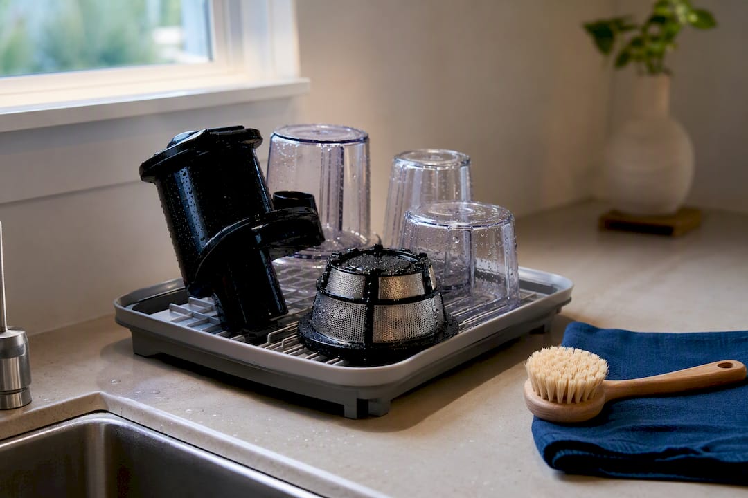 Juicer parts drying upside down on rack