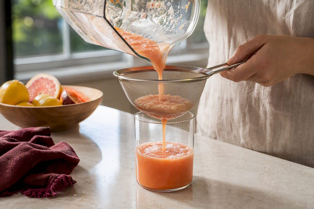 Blended juice passing through fine mesh strainer