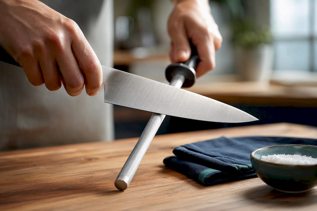 Hands honing a chef knife before cooking