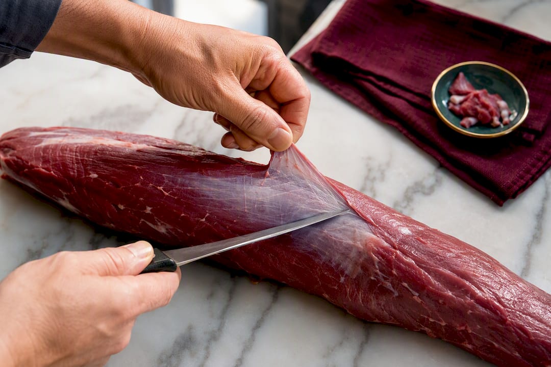 Hands removing silver skin from beef