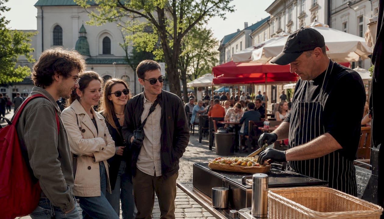 Tourists walking and street vendor in Kazimierz district