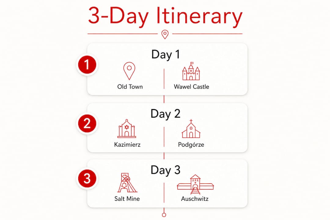 Infographic outlining Krakow three day itinerary steps