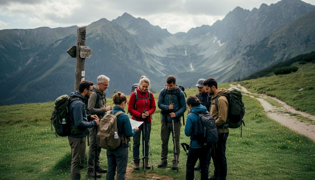Hikers preparing at Palenica Białczańska trailhead