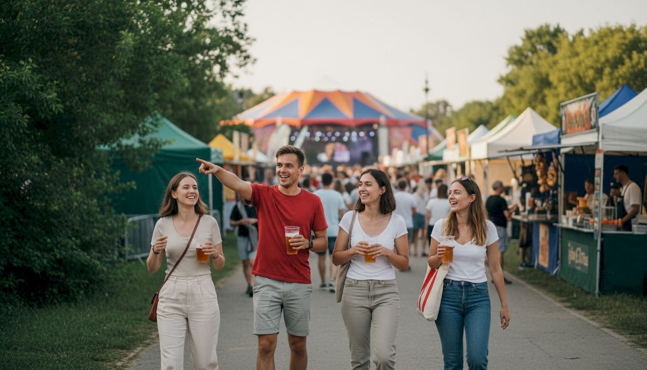Friends enjoying summer festival by Vistula River