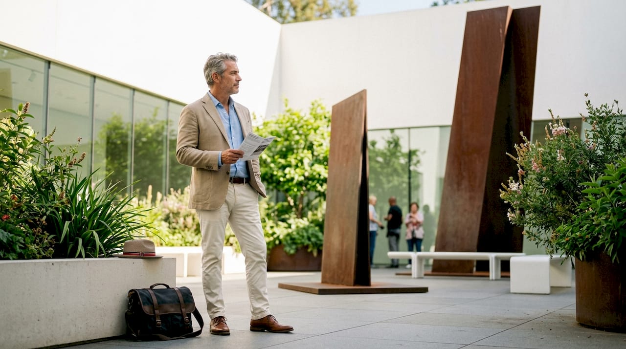 Man dressed respectfully at museum entrance
