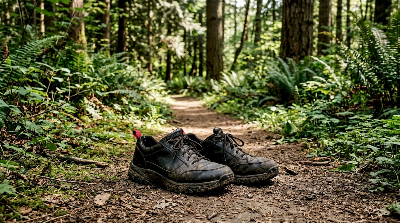 Close-up of sturdy walking shoes on gravel