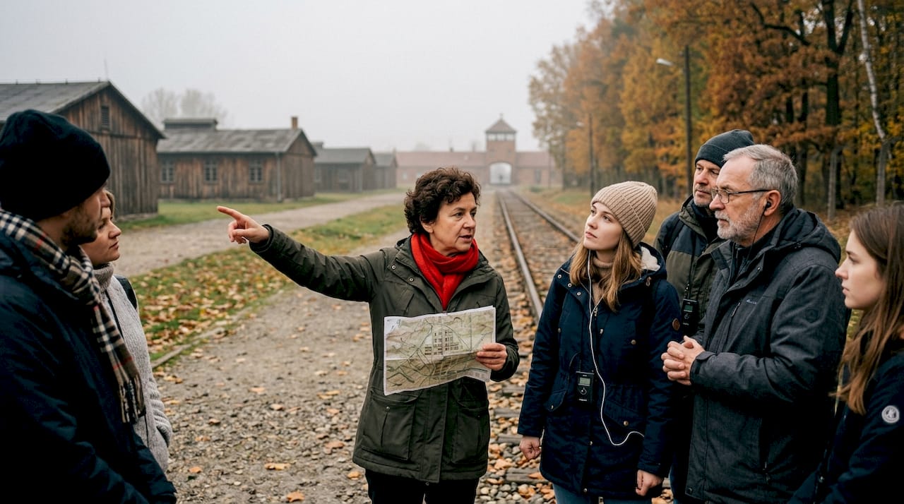 Group listening to guide at Birkenau camp