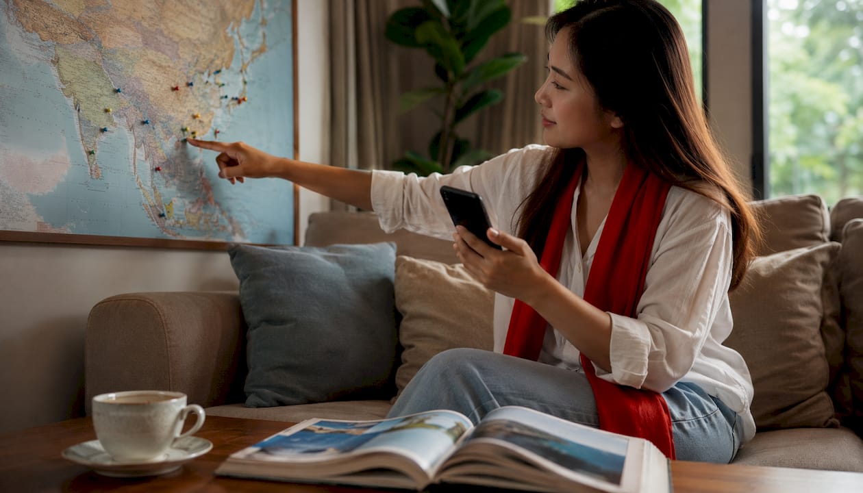Woman planning Asia travel near window