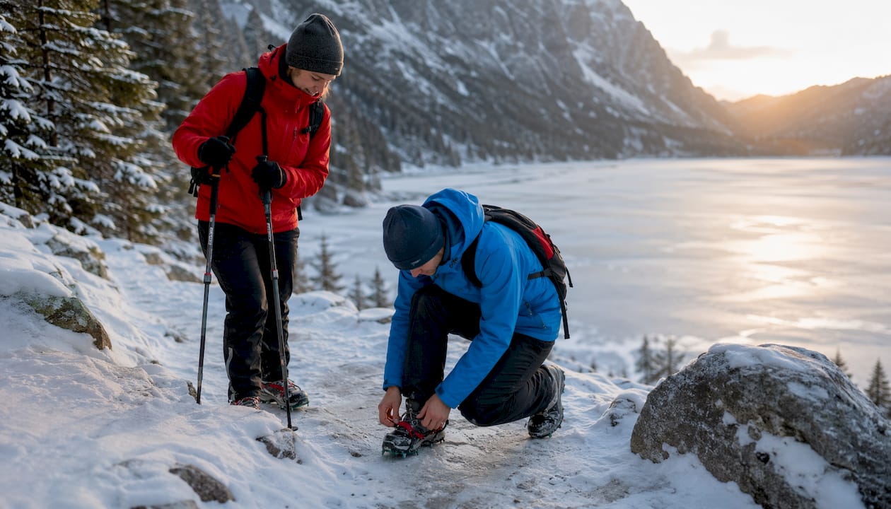 Hikers boots and crampons on snowy frozen lake trail
