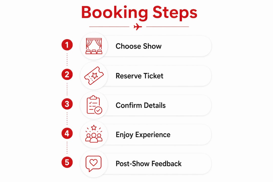 Infographic showing steps to book and attend folk show
