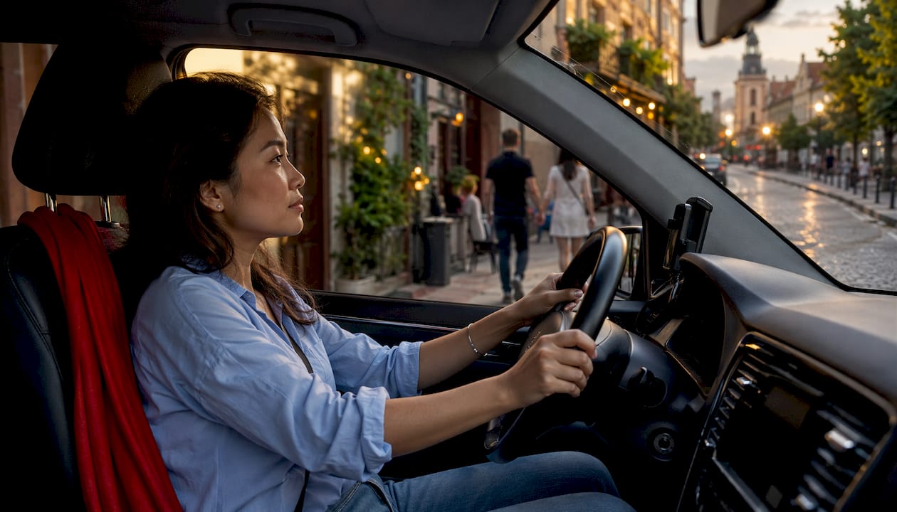 Female taxi driver waiting in Kraków traffic