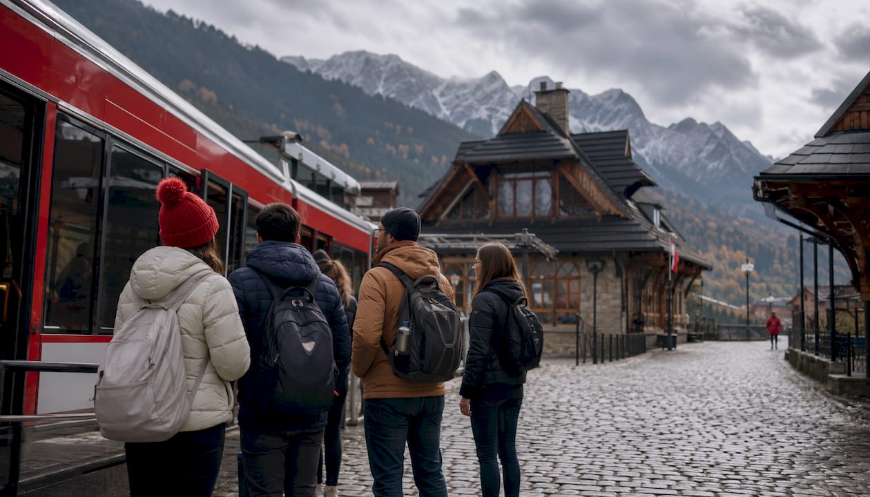 Gubalowka funicular station with carriage and tourists