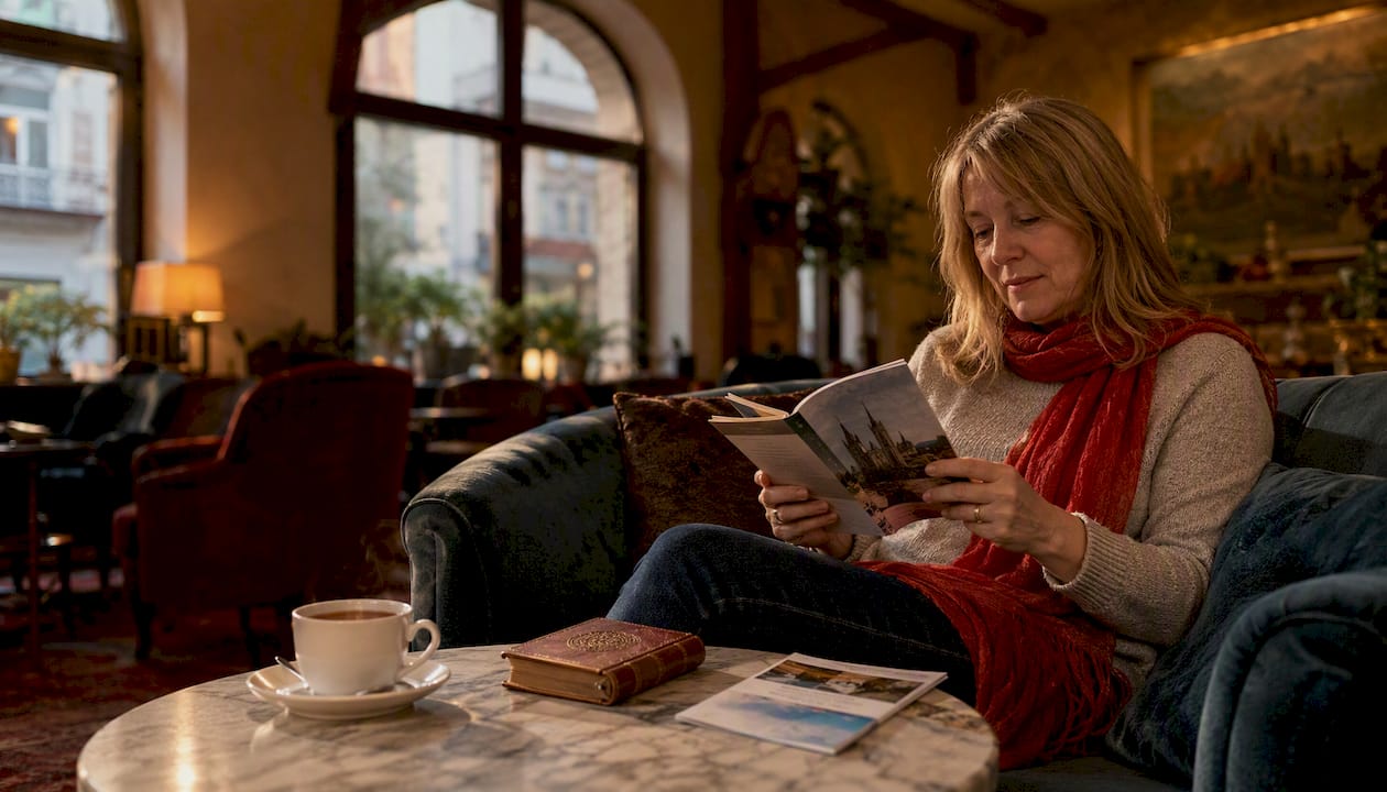 Boutique hotel lounge with traveler reading guide