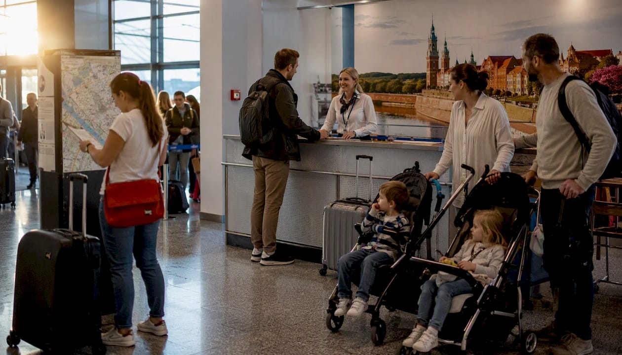Travelers selecting transport options at Krakow Airport