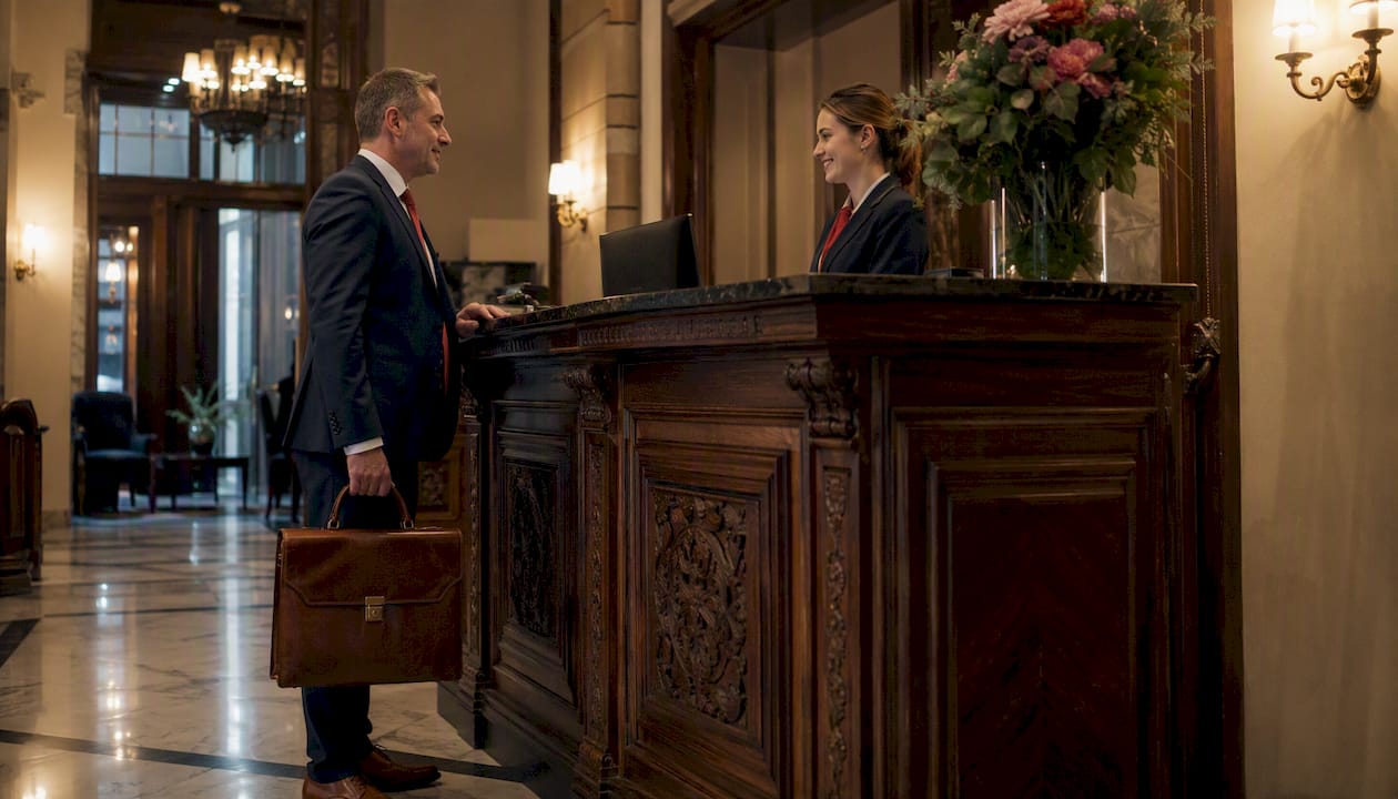 Old Town hotel lobby with man checking in