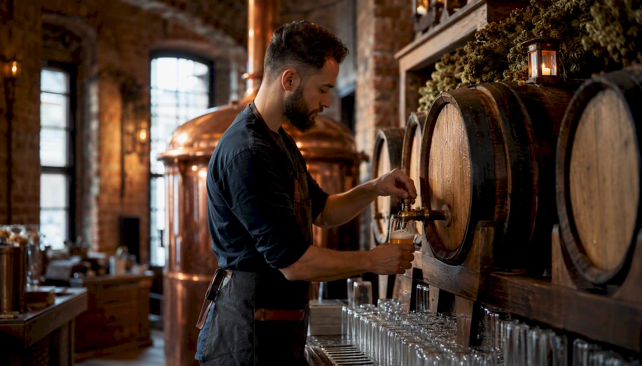 Bartender tapping fresh craft beer from wooden vat