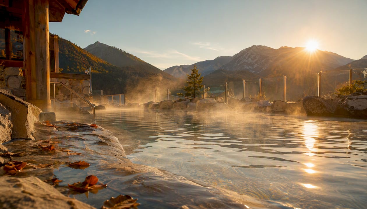 Early morning outdoor thermal healing pools at Chochołowskie Termy