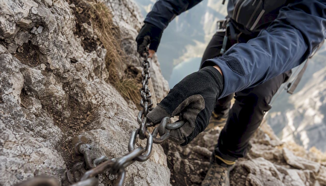 Hiker climbing chain section on Giewont