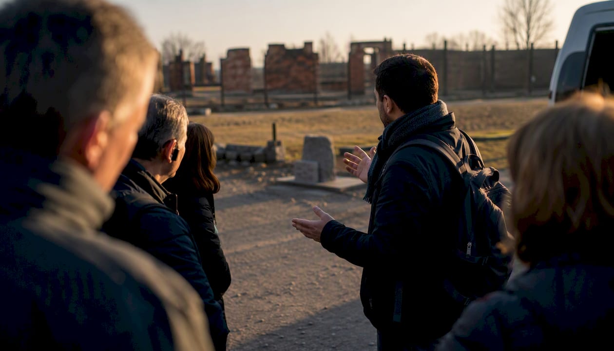 Guide leading small Auschwitz group thoughtfully
