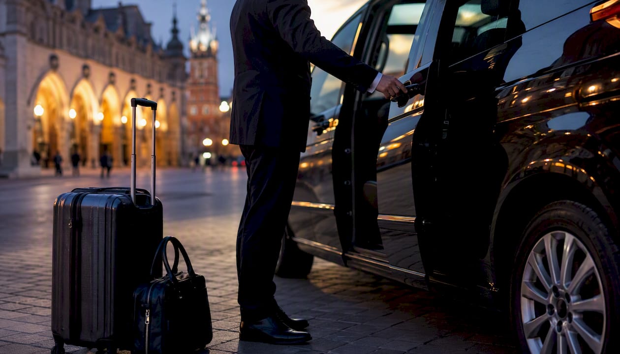 Driver opening door for private transfer at Krakow hotel