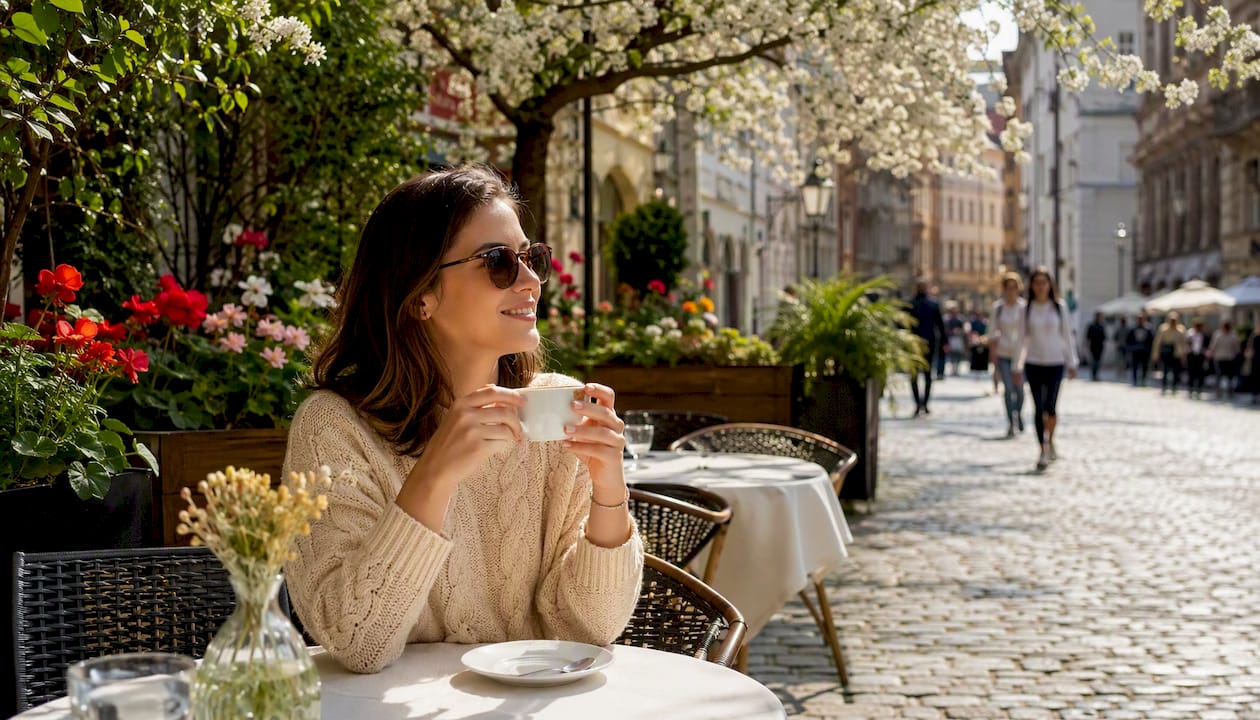 Tourist pouring coffee at Krakow spring café