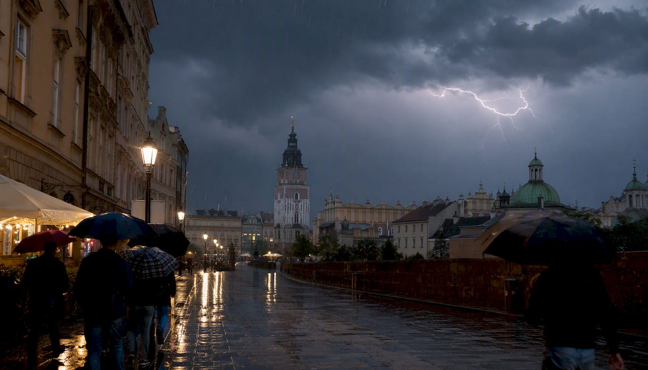 Thundercloud over Krakow rooftops in summer