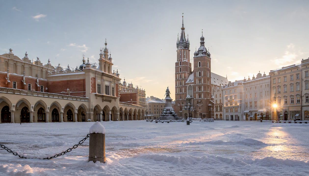 Snowy Krakow Market Square in winter