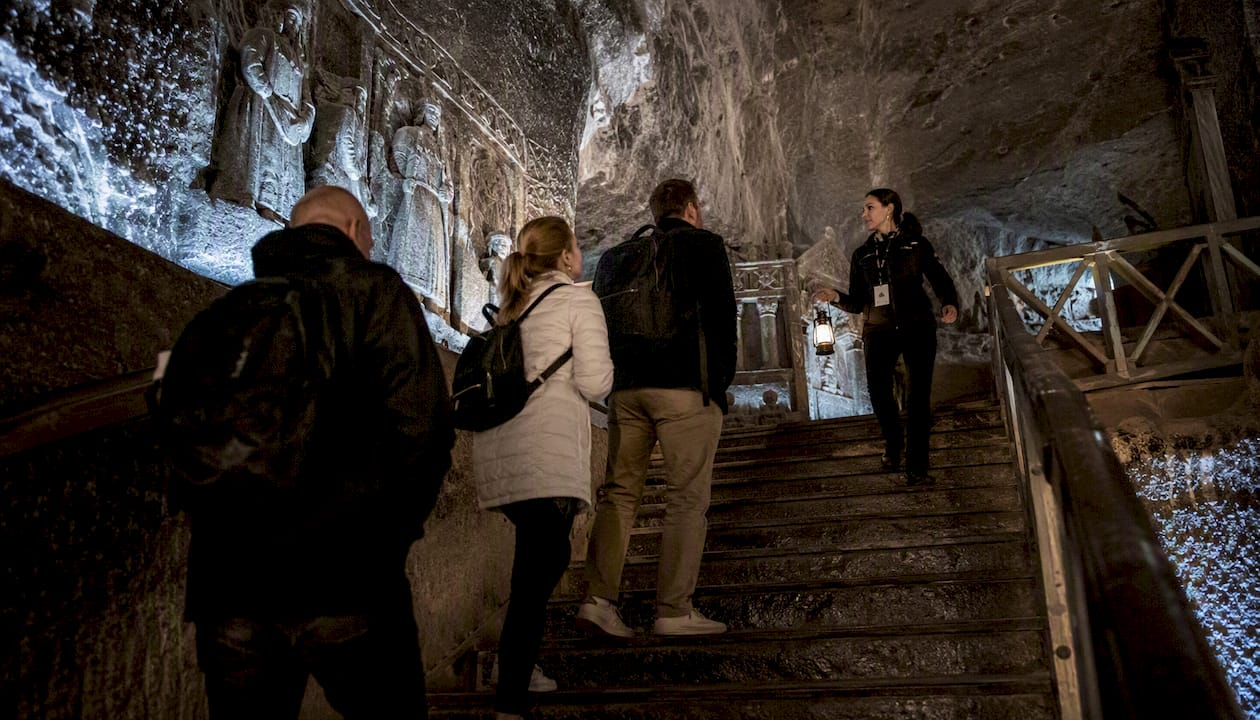 Small group touring Wieliczka Salt Mine with guide
