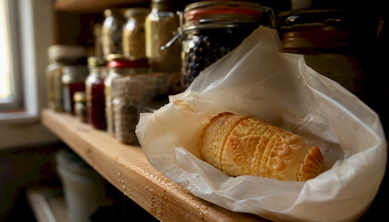 Oscypek cheese wrapped in greaseproof paper in fridge
