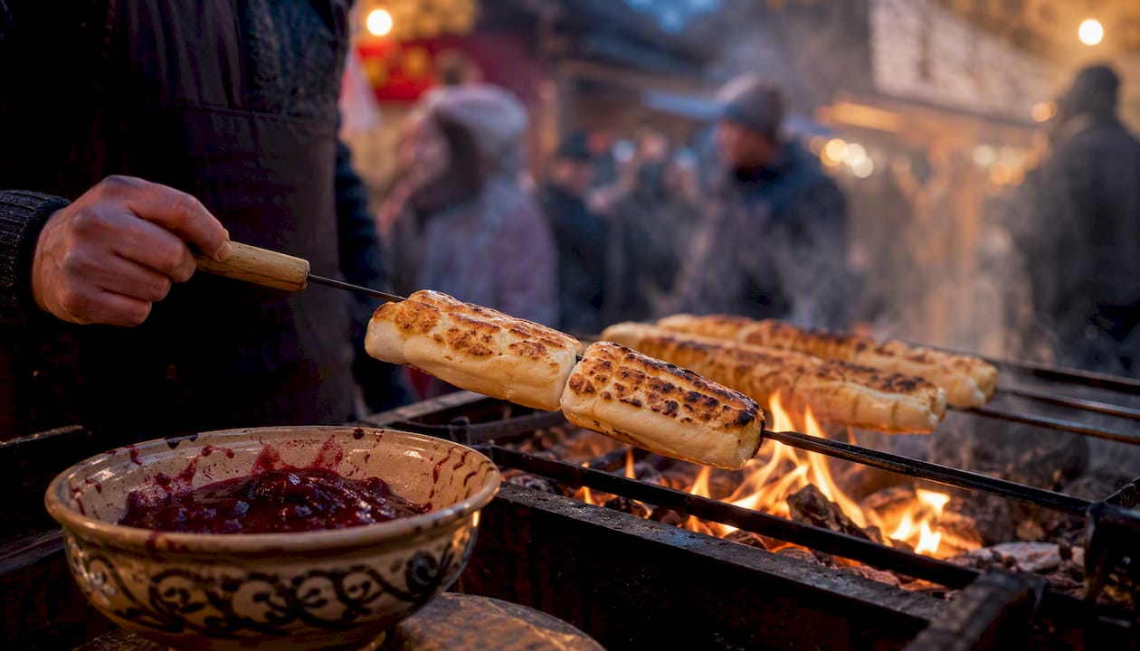 Grilled oscypek cheese with cranberry jam at street stall