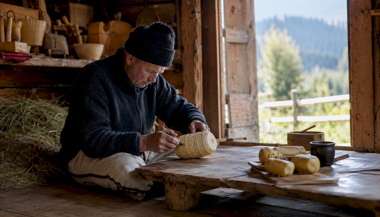 Hands slicing smoked oscypek at traditional shepherd's hut