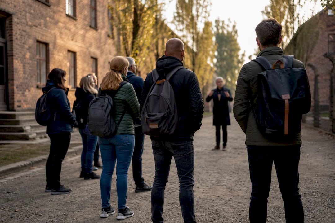 Small respectful Auschwitz tour group walking