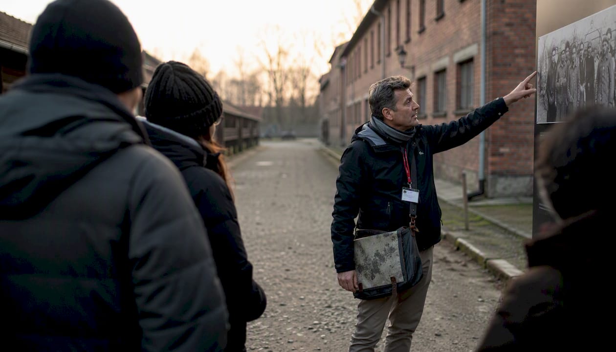 Licensed guide addressing small Auschwitz group