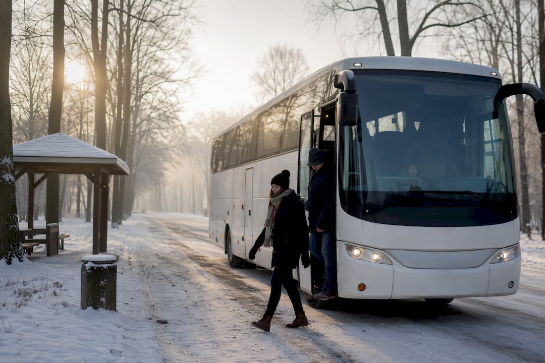 Shuttle bus at snowy Auschwitz bus stop