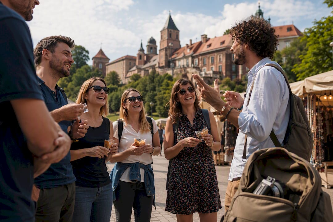 Multilingual guide leading walking tour in Krakow Old Town