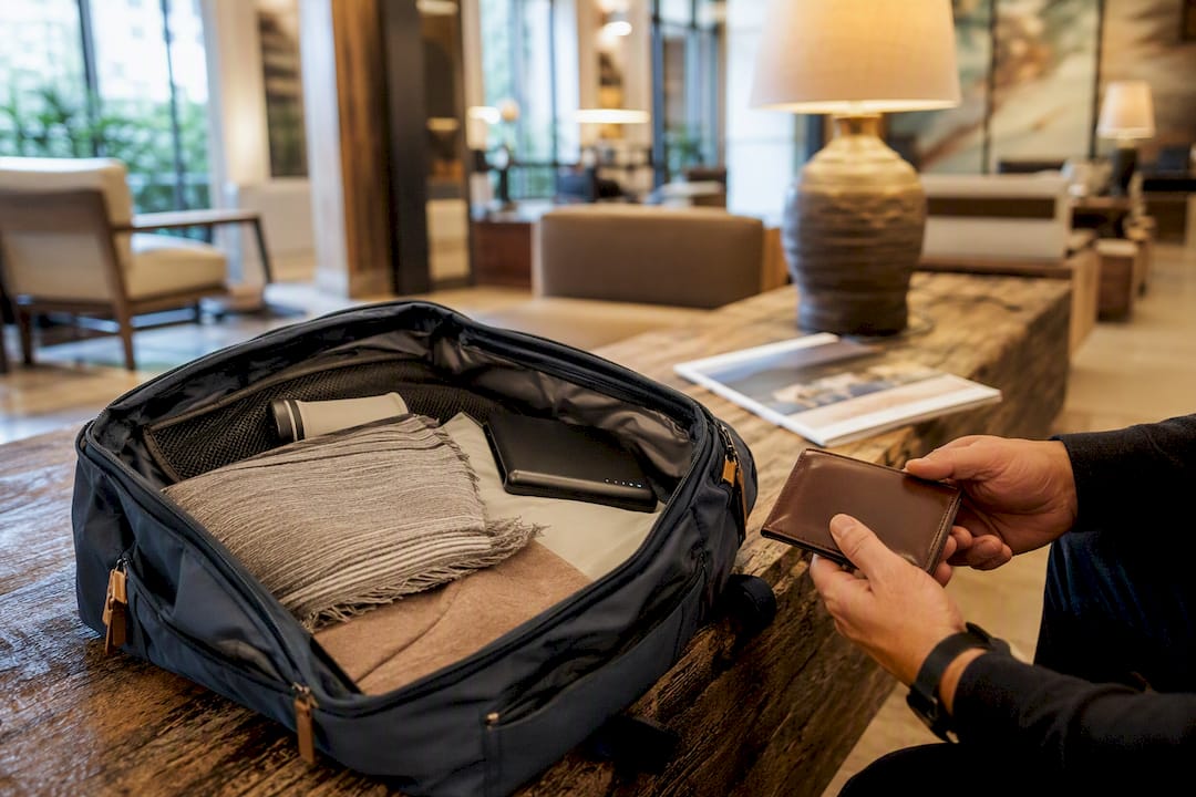 Hands packing travel safety items into zipped bag