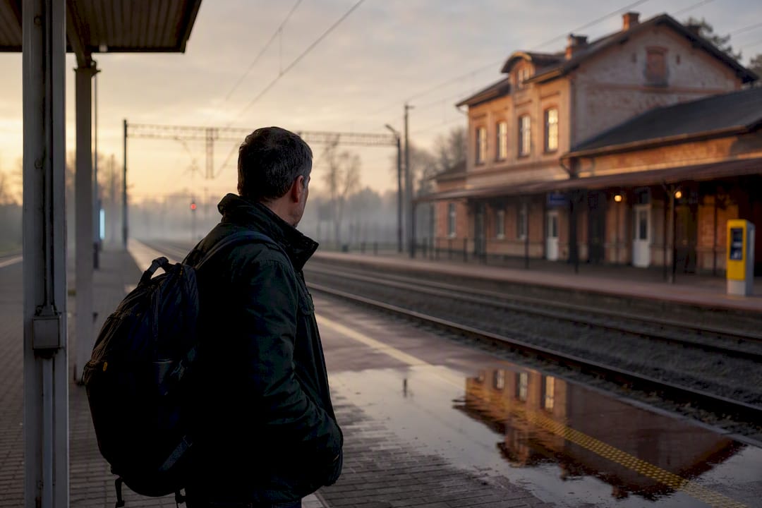Passenger waiting on Oświęcim train platform