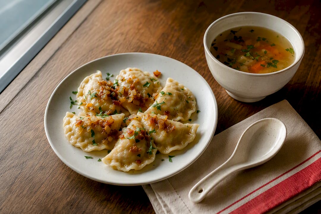 Potato pierogi and soup tasting portion