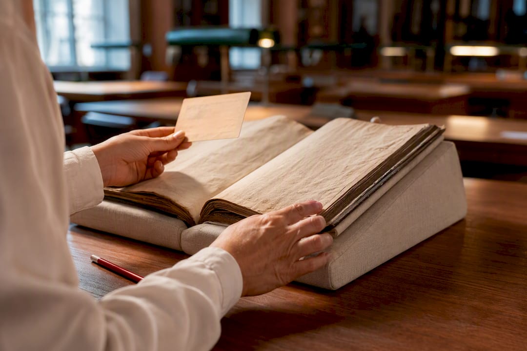 Hands examining an old parish register