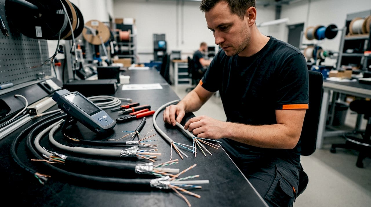 Close-up of Ethernet cable cross-sections and tools