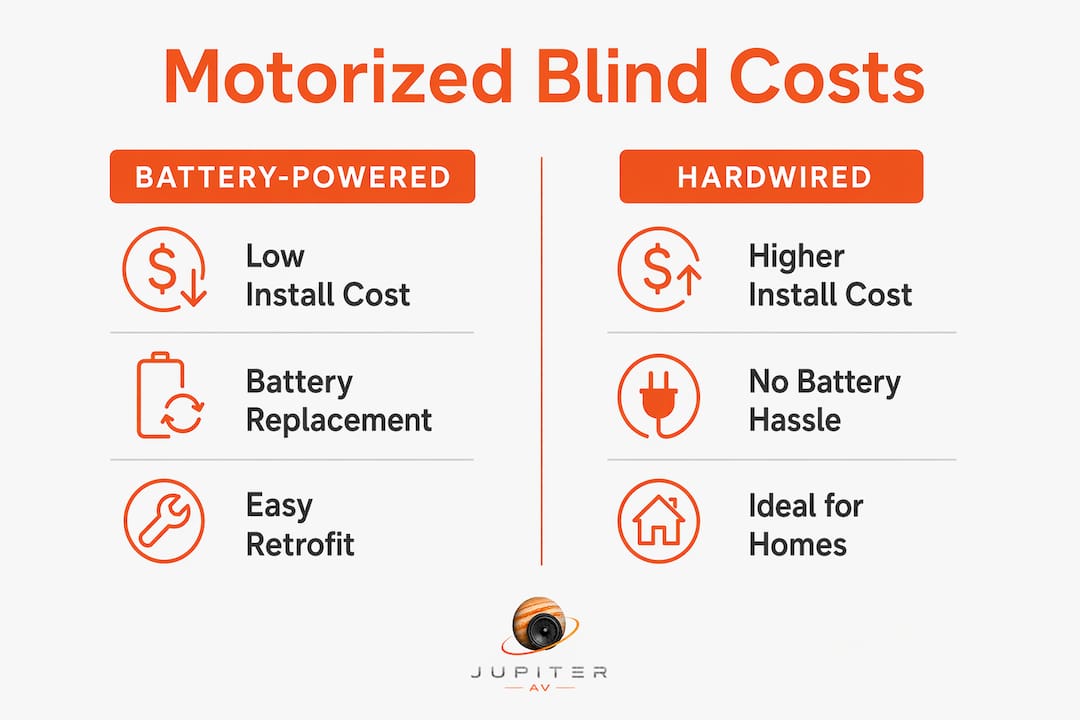 Infographic comparing battery-powered and hardwired motorized blinds cost and features
