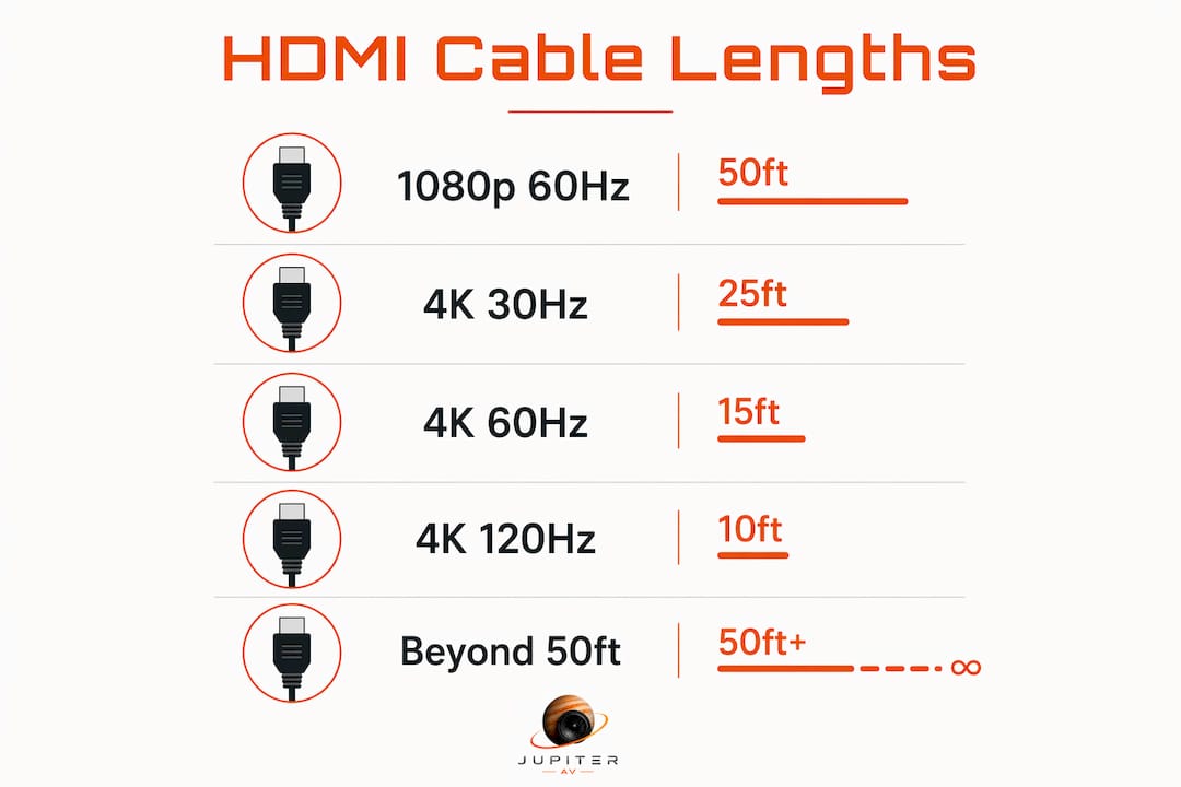 Infographic illustrating recommended HDMI cable lengths