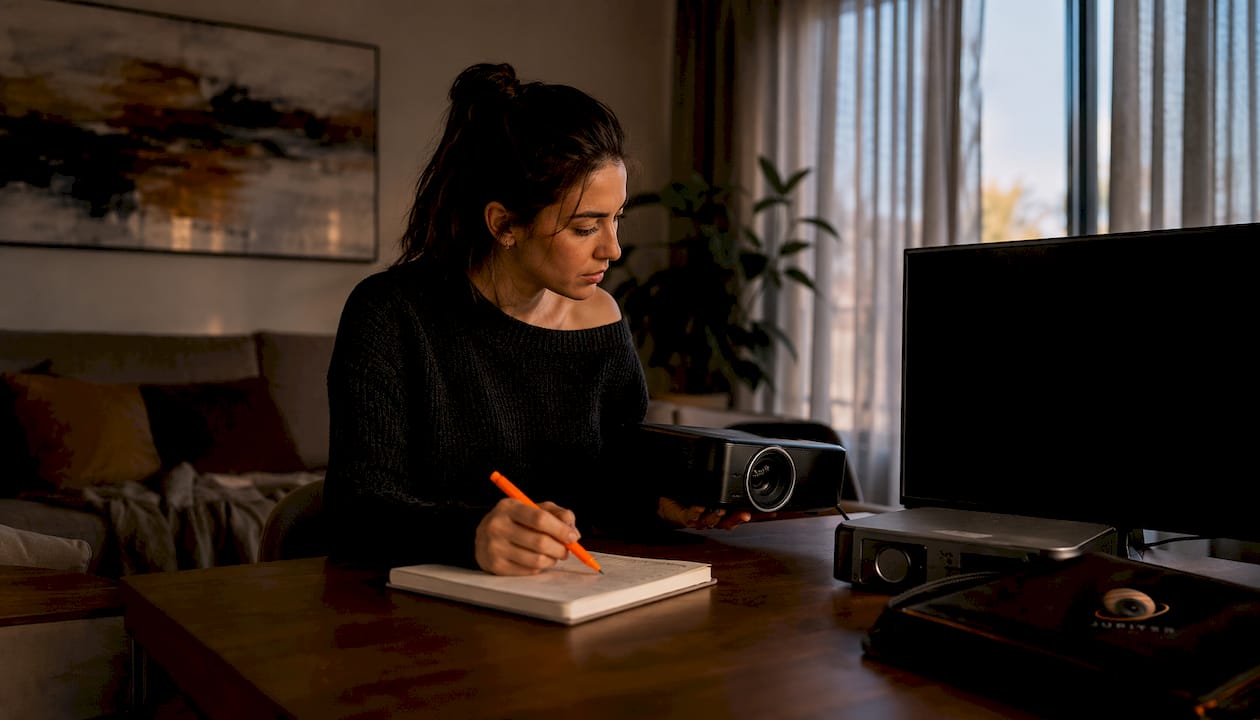 Woman reviewing projector and TV brochures at home table