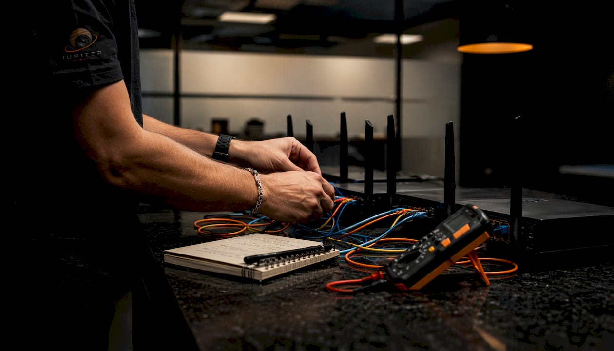 Hands adjusting Wi-Fi routers in testing lab