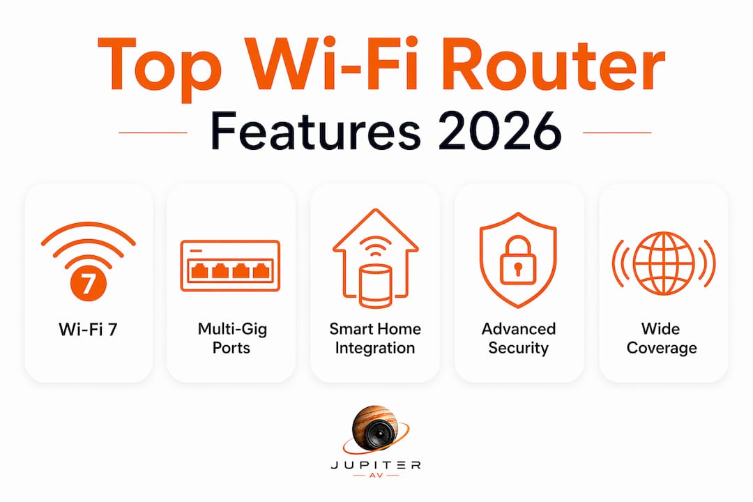 Infographic showing top Wi-Fi router features for 2026